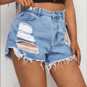 Fashion Nova Blue High Waisted Jean Shorts with Distressing